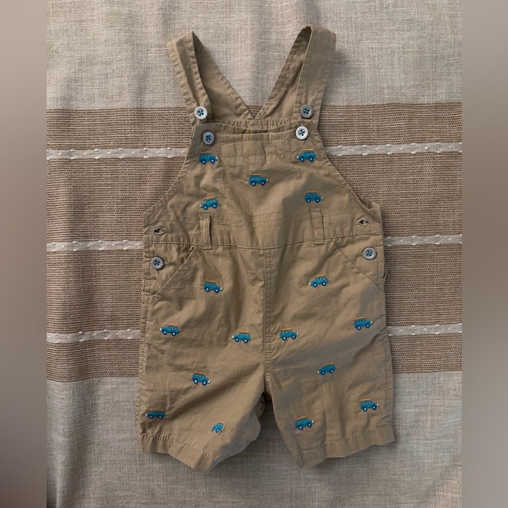 Kids Tan Overalls with Blue Car Print